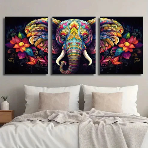 3pcs Colorful Elephant & Floral Wall Art Set Canvas Unframed - High Quality Print 100% Australian Made Wall Canvas