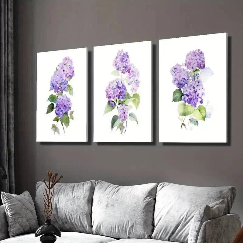 3pcs Purple Hydrangea Watercolor Floral Prints Wall Art Set Canvas Framed 40x60cm - High Quality Print 100% Australian Made Wall Canvas Ready to Hang