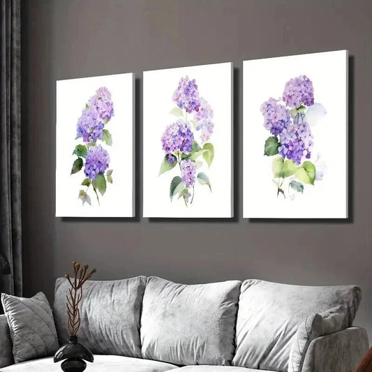 3pcs Purple Hydrangea Watercolor Floral Prints Wall Art Set Canvas Framed 40x60cm - High Quality Print 100% Australian Made Wall Canvas Ready to Hang