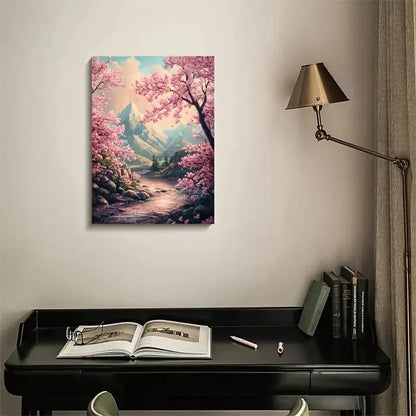 Cherry Blossom Pink Sakura, Mountain & River Scene 40x60cm Metal Print Ready to Hang