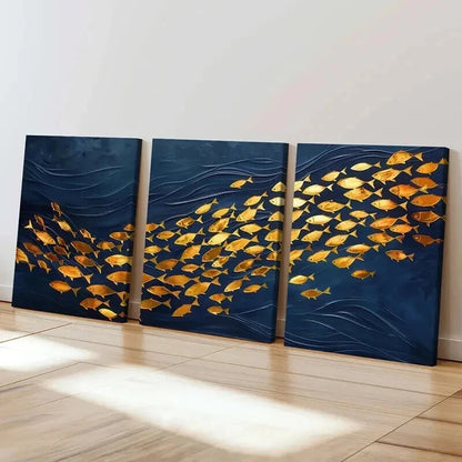3pcs Abstract Golden Fish & Ocean Waves Wall Art Set Canvas Framed 40x60cm - High Quality Print 100% Australian Made Wall Canvas Ready to Hang