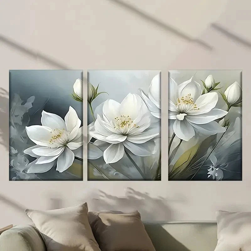 3pcs Beautiful Painting of White Flowers  Wall Art Set Canvas Framed 60x90cm - High Quality Print 100% Australian Made Wall Canvas Ready to Hang
