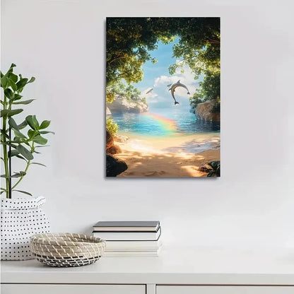Steampunk Dolphin Swing Beach Scene Painting 40x60cm Metal Print Ready to Hang