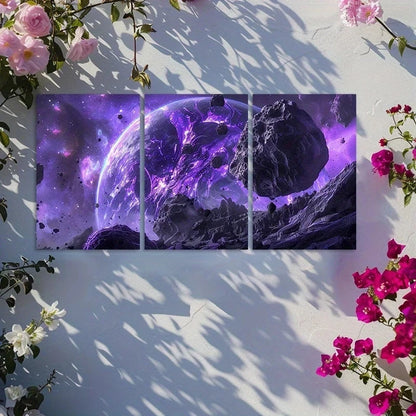 3pcs Cosmic Asteroid Belt & Alien Planet Design Metal Print Ready to Hang Art