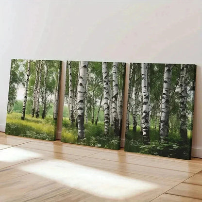 3pcs Birch Forest Lush Green Foliage Wall Art Set Canvas Framed 40x60cm - High Quality Print 100% Australian Made Wall Canvas Ready to Hang