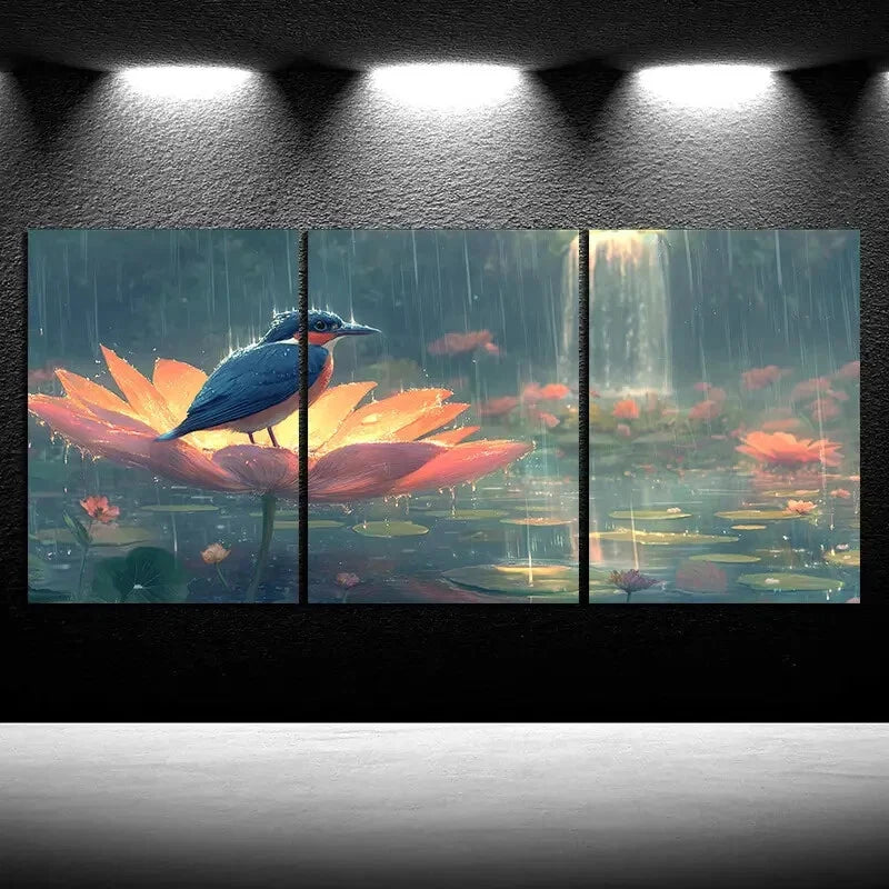3pcs The bird On The Petals Waterfalls Metal Print Ready to Hang Art