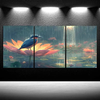 3pcs The bird On The Petals Waterfalls Metal Print Ready to Hang Art