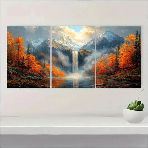 3pcs Autumn Waterfall Misty Mountain Wall Art Canvas Unframed - High Quality Print 100% Australian Made Wall Canvas