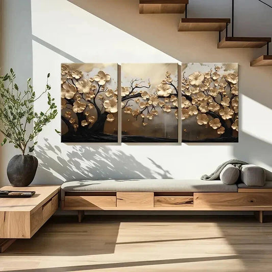 3pcs Abstract Golden Leaves Tree Modern Elegance Wall Art Set Canvas Framed 40x60cm - High Quality Print 100% Australian Made Wall Canvas Ready to Hang