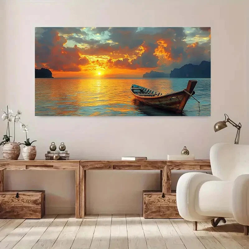Serene Boats Sunset Lake Wall Art wall canvas office home room framed 120x60cm