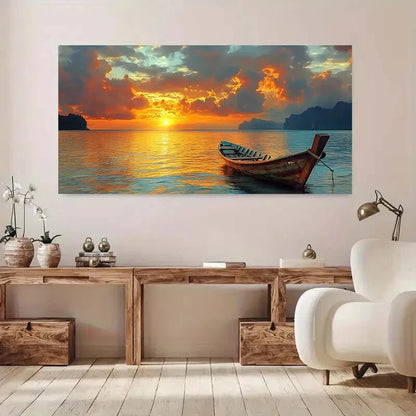 Serene Boats Sunset Lake Wall Art wall canvas office home room framed 120x60cm