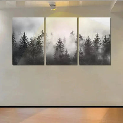 3pcs Pine Tree Silhouettes on Foggy Landscape Wall Art Set Canvas Framed 60x90cm - High Quality Print 100% Australian Made Wall Canvas Ready to Hang