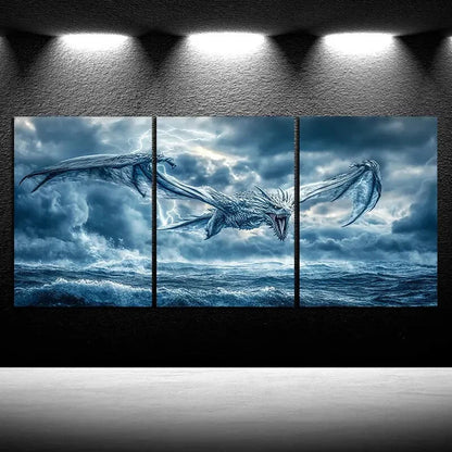3pcs The Dragon on the Sea Water Metal Print Ready to Hang Art