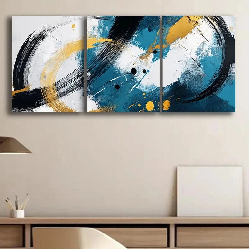 3pcs Luxury Abstract Golden Blue Metal Print Ready to Hang Art