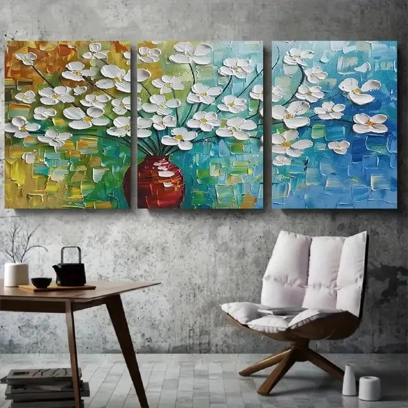 3pcs Vibrant White Flowers in Vase with Green Metal Print Ready to Hang Art