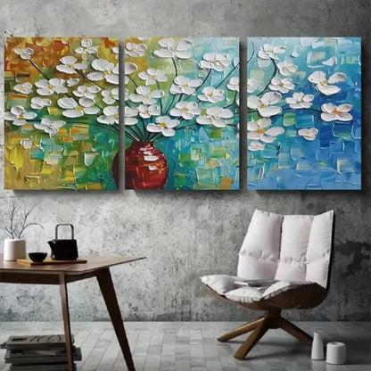 3pcs Vibrant White Flowers in Vase with Green Metal Print Ready to Hang Art