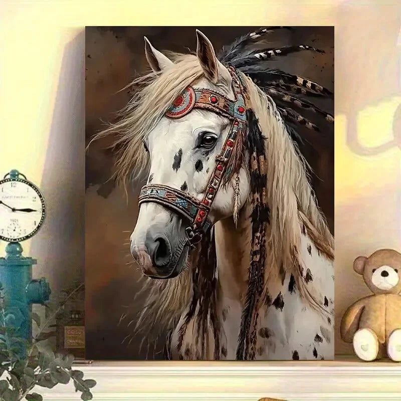 Majestic White Horse with Indian Headdress Long Hair 40x60cm Metal Print Ready to Hang