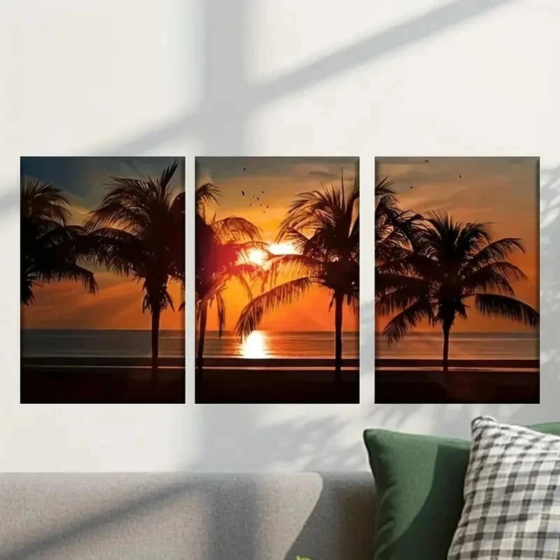 3pcs Sunset with Palm Trees and the Sun Wall Art Set Canvas Framed 40x60cm - High Quality Print 100% Australian Made Wall Canvas Ready to Hang