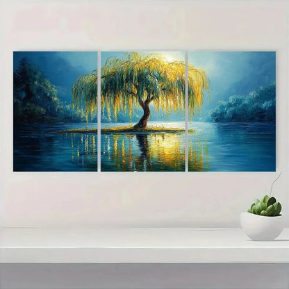 3pcs Serene Willow Tree Oil Painting Metal Print Ready to Hang Art