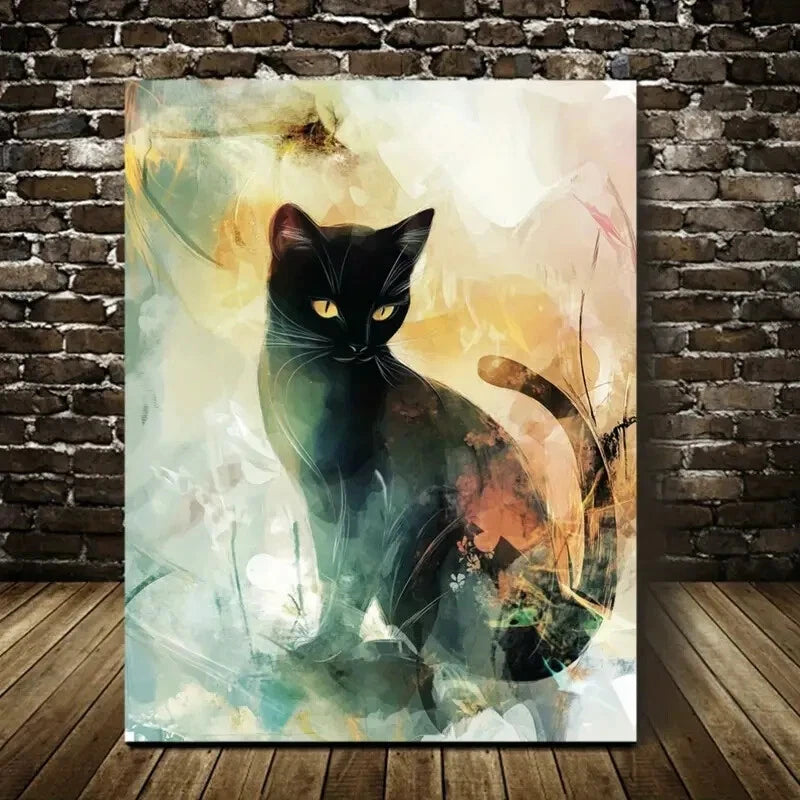 Beautiful Abstract Dreamy Black Cat Painting 40x60cm Metal Print Ready to Hang
