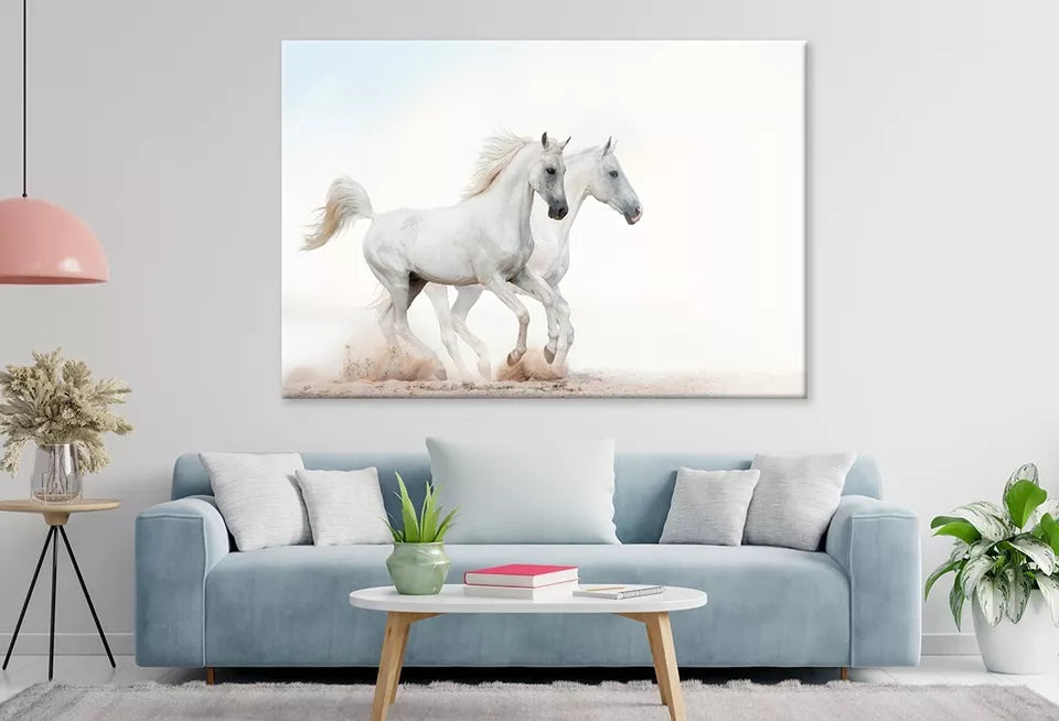 Two Beautiful Snowy White Horses Wall Art Decor 100% Australian Made
