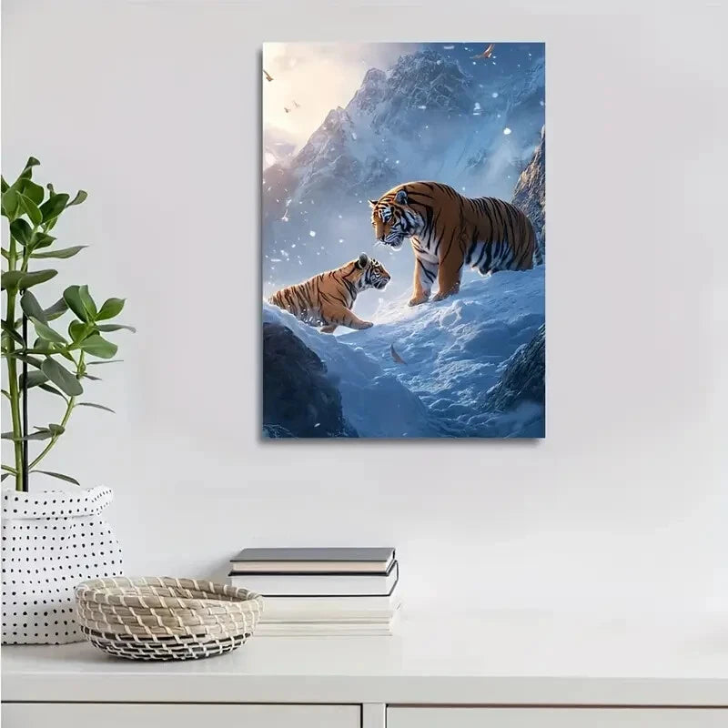 Dreamlike Tiger Scene on Snowy Mountain Painting 40x60cm Metal Print Ready to Hang