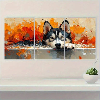 3pcs Husky In Bathtub Abstract Dog Metal Print Ready to Hang Art
