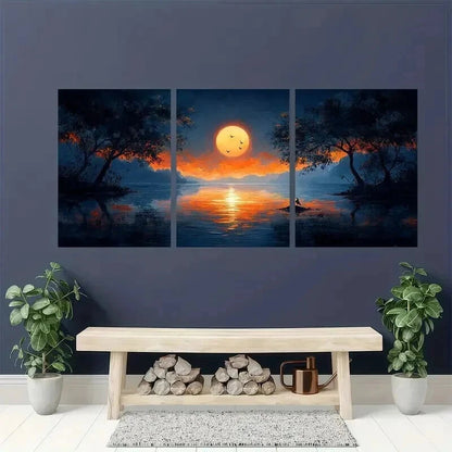 3pcs Sunset Serene Lake & Tree Silhouette Wall Art Set Canvas Framed 40x60cm - High Quality Print 100% Australian Made Wall Canvas Ready to Hang