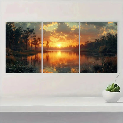 3pcs Vintage Style Lake and Pine Tree Forest Metal Print Ready to Hang Art