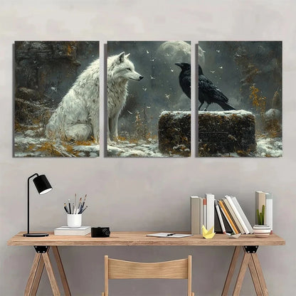 3pcs Gothic White Wolf and Crow Metal Print Ready to Hang Art