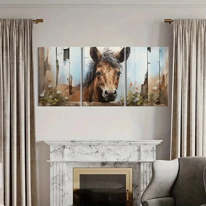 3pcs Rustic Fence Flowers & Horse Landscape Wall Art Set Canvas Framed 40x60cm - High Quality Print 100% Australian Made Wall Canvas Ready to Hang