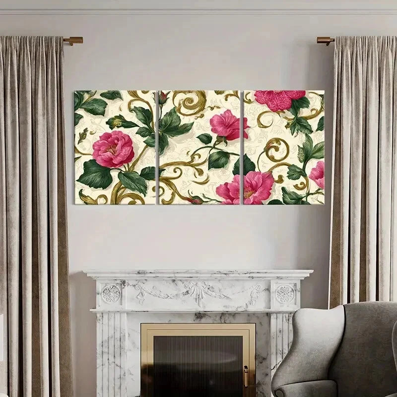 3pcs Vintage Rose & Intricate Vine Design Metal Print Ready to Hang Art