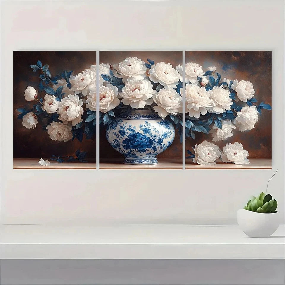 3pcs Blue and White Porcelain Vase Peonies Metal Print Ready to Hang Art