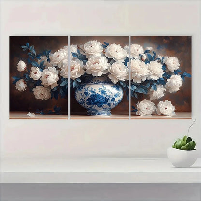 3pcs Blue and White Porcelain Vase Peonies Metal Print Ready to Hang Art