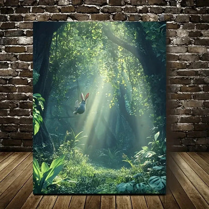 Surreal Jungle Scene with Rabbit Swinging Painting 40x60cm Metal Print Ready to Hang