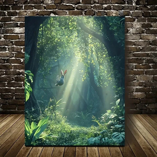 Surreal Jungle Scene with Rabbit Swinging Painting 40x60cm Metal Print Ready to Hang