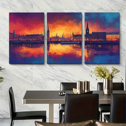 3pcs Hamburg Skyline Décor Reflections Perfect Wall Art Set Canvas Framed 40x60cm - High Quality Print 100% Australian Made Wall Canvas Ready to Hang
