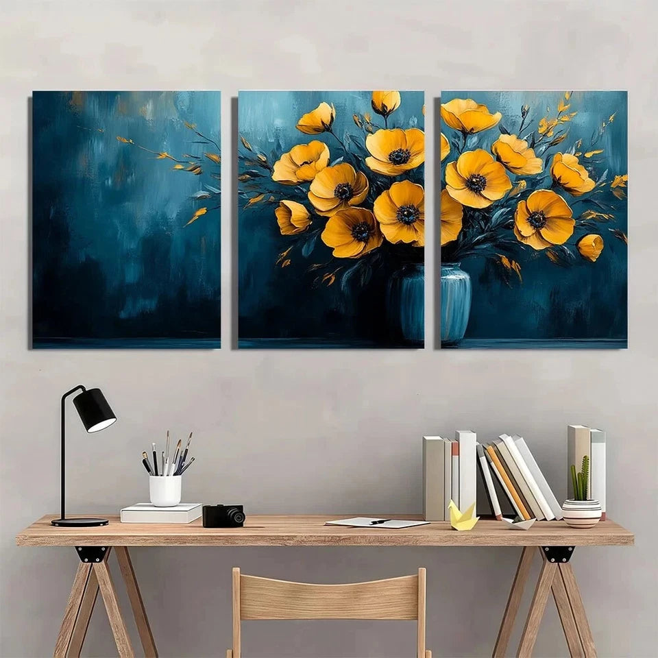 3pcs Vibrant Blue & Yellow Floral Metal Print Ready to Hang Art