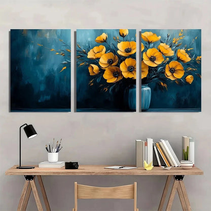 3pcs Vibrant Blue & Yellow Floral Metal Print Ready to Hang Art