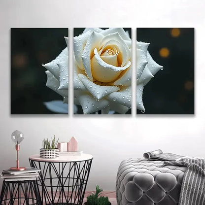 3pcs White Roses & Water Drops Triptych Wall Art Set Canvas Framed 40x60cm - High Quality Print 100% Australian Made Wall Canvas Ready to Hang
