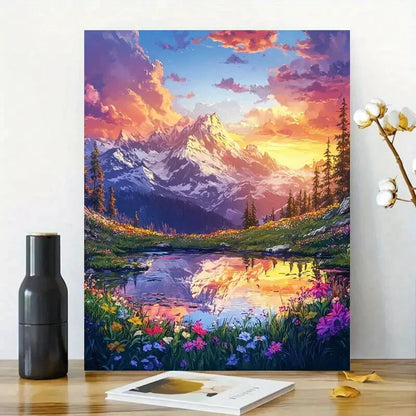 Beautiful Landscape Painting of Mountains, Flowers  40x60cm Metal Print Ready to Hang