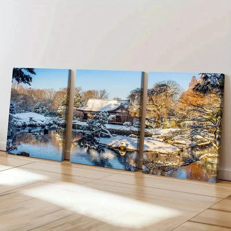 3pcs Snow Scene Cabin Tree Pond Wall Art Set Canvas Framed 40x60cm - High Quality Print 100% Australian Made Wall Canvas Ready to Hang