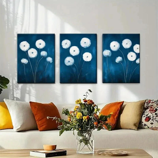 3pcs Elegant Floral Blue And White Flower Wall Art Set Canvas Framed 40x60cm - High Quality Print 100% Australian Made Wall Canvas Ready to Hang