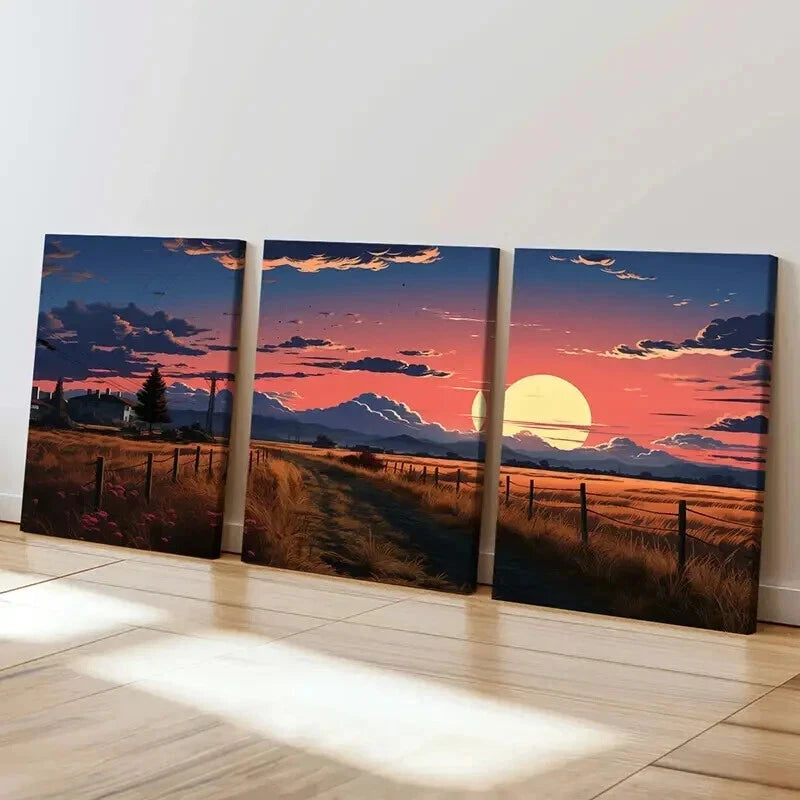 3pcs Sunset Village Country Road Landscape Wall Art Set Canvas Framed 40x60cm - High Quality Print 100% Australian Made Wall Canvas Ready to Hang