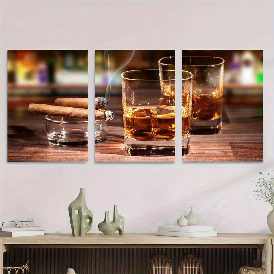 3pcs Whiskey & Cigar Bar Scene Vibrant Colors Metal Print Ready to Hang Art