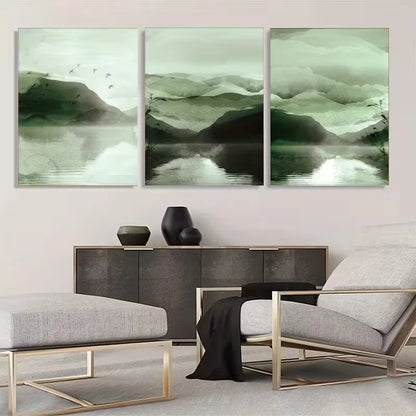 3pcs Green Watercolor Landscape Abstract Wall Art Set Canvas Framed 60x90cm - High Quality Print 100% Australian Made Wall Canvas Ready to Hang