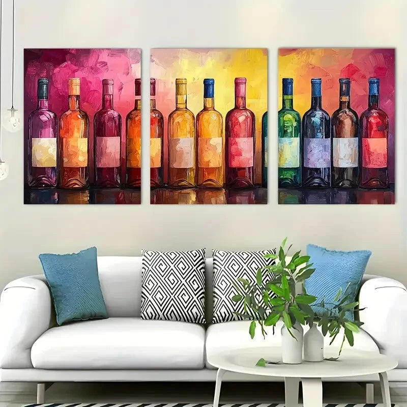 3pcs Vibrant Wine Bottle Colorful Abstract Design Metal Print Ready to Hang Art