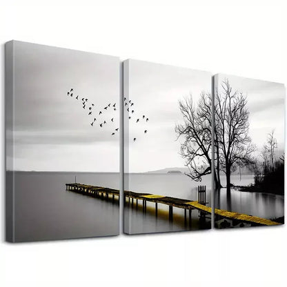 3pcs Black And White Lakeside Wooden Walkway Wall Art Set Canvas Framed 40x60cm - High Quality Print 100% Australian Made Wall Canvas Ready to Hang