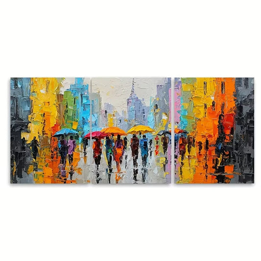 3pcs Abstract Rainy City Oil Painting Metal Print Ready to Hang Art