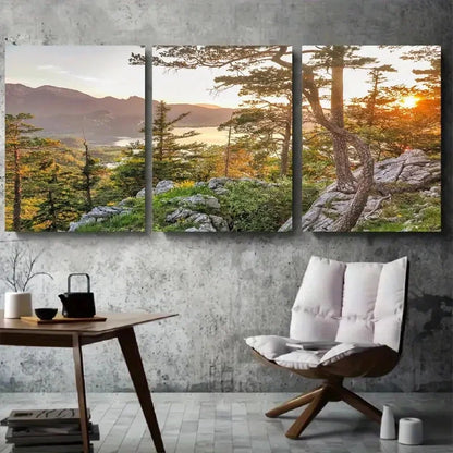 3pcs Sunset Over Mountain Forest Metal Print Ready to Hang Art